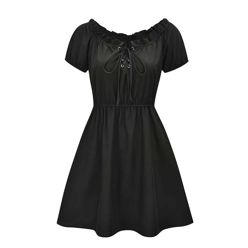

2022 винтажное черное платье на шнуровке, Пикантные мини-платья с круглым вырезом и пышными рукавами, высокой талией, женское платье феи для выпускного вечера
