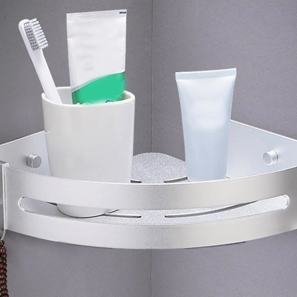 Punching Free Bathroom Rack Space Aluminum Single Deck Triangle Square Basket Shelf Shampoo Storage Organizer with hooks