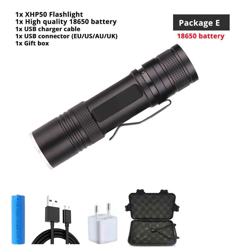 Powerful XHP50 LED Flashlight USB Charging 3 Lighting Mode Waterproof Tactical Torch Support Zoom Using 18650 or 26650 Battery - Испускаемый цвет: Package E-18650