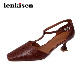 

Lenkisen full grain leather gingham high quality small square toe high strange heel buckle straps office lady women pumps L18