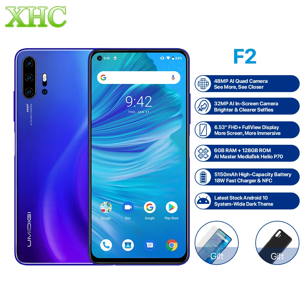 Смартфон UMIDIGI F2 на базе Android 10 6 ГБ 128 четыре ядра 48 МП 32 Мп камера две sim карты LTE 4G