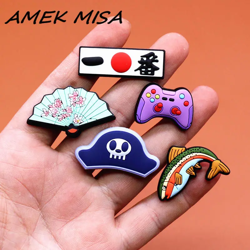 Original PVC Croc Shoe Charms Fish Fan Japanese Game Handle Hat Sandals  Decorations Accessories for Jibz Kids Party Gifts U212