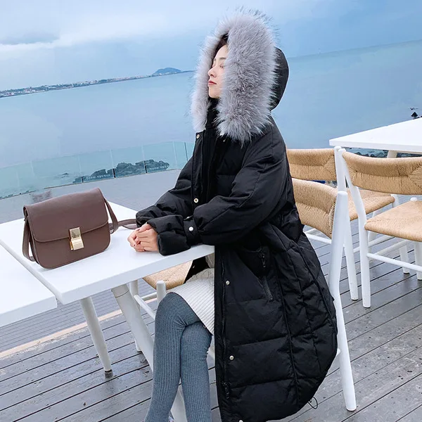 

2019 New Style Korean-style White Large Fur Collar down Jacket Women's Mid-length Thick Loose-Fit over-the-Knee Coat Cotton Coat
