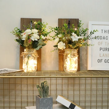 

2PCS Hanging Glass Mason Jars Fairy Lights Wall Hanging Plastic Flower Home Lighting Battery Operated Decorative String Lights