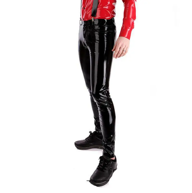 Black Latex Gummi Rubber Men's Jeans Pants Slim 4 Pockets with Front Zip