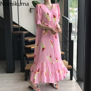 

Nomikuma New Arrival Short Sleeve Vintage Dress Women Floral Printed V Neck Ruffle Loose Maxi Dresses Female Vestidos 3b018