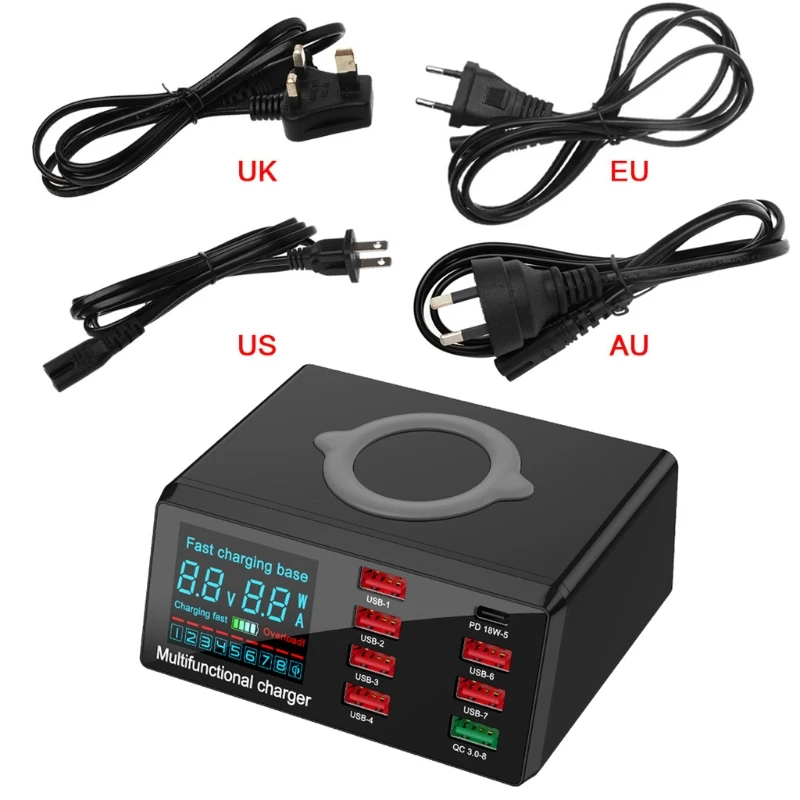 8 портов QC 3 0 USB & Type C PD быстрое зарядное устройство адаптер 10 Вт Беспроводное