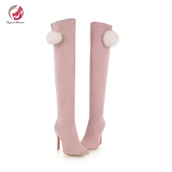 

Original Intention Sweet Winter Over-the-Knee Boots Woman Pointed Toe Thin Heels Boots Fashion Pompon Shoes Woman Plus Size