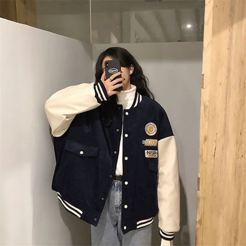 Contrasting Color Stitching Baseball Uniform Women Couple Students 2021 Spring Autumn New Retro Jacket Corduroy Coat Tide 31