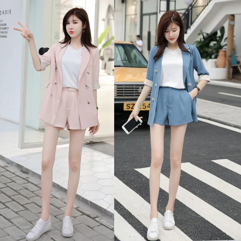 

2020 Autumn New Women's Two Piece Sets Korean Casual Solid Double Breasted Half Sleeve Blzaer+shorts Women Suit Office Wear