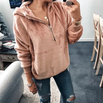 

Fashion Casual Pullover Hoodies Autumn Winter Solid Color Plush Loose Long Sleeves Female Pullover Sweatshirt