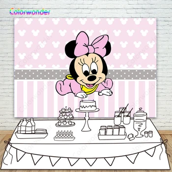 

Photography Backdrops Pink Baby Minnie Mouse Backgrounds Baby Shower Kids 1st Birthday Party Supplies Cake Table Banner Backdrop
