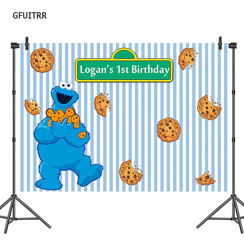 

GFUITRR Cookie Birthday Photography Backdrop Blue Stripes Photo Background Vinyl Photobooth Studio Props