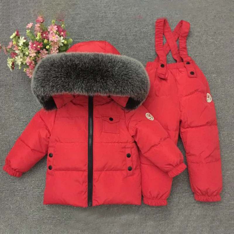 Детский зимний костюм для девочек, теплый пуховик с мехом для мальчиков, зимние спортивные комплекты одежды с натуральным мехом, ветрозащитная детская одежда - Цвет: Fox Red