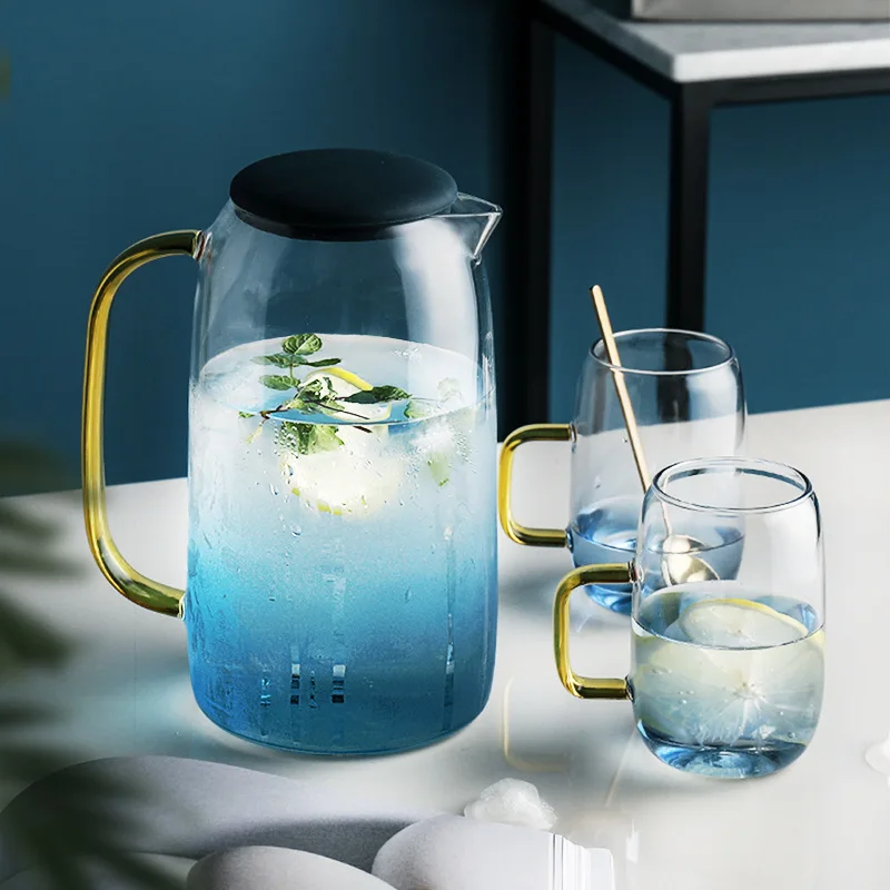 

1 Pot 2 Cups Cold Glass Water Bottle 1.5L Jar Kettle Transparent Large Capacity Heat Resistant Water Pot with Handle