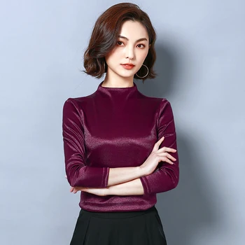 

9683 Solid Color Large Size T-shirt Women's 2020 Spring New Style Tops Versatile Stand Collar Slim Fit Base Shirt