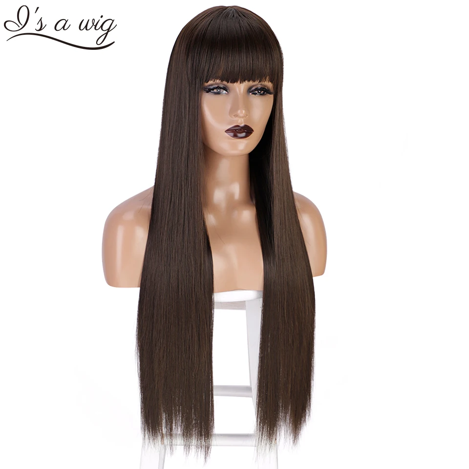 I's a wig Synthetic Long Wigs with Bangs Straight Brown Wig with Bangs for Women Black Red Heat Resistant Daily Hairs