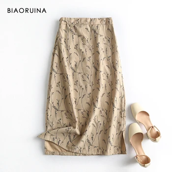 

BIAORUINA Women's High Waist Flower Branch Printed A-Line Skirt Side Zipper Female Korean Style Casual Skirt Mid-Calf Length
