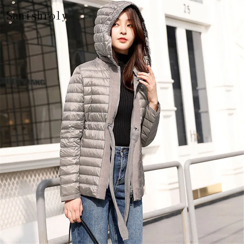 

Sanishroly New Women Ultra Light White Duck Down Coat Parka Female Slim Tie Bow Hodded Jacket Outerwear Tops Plus Size 2XL SE700