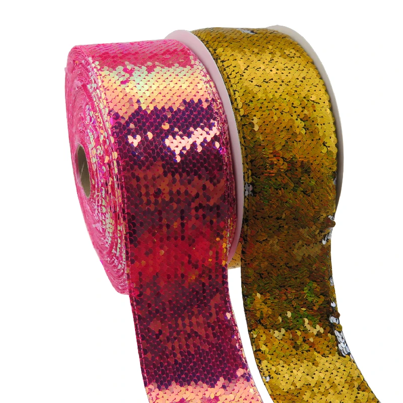 

BOCA new arrival 50 yards 3 inch 75mm gold sliver rose red Reversible spangle sequin fabric Ribbon for Dress bows DIY Decoration