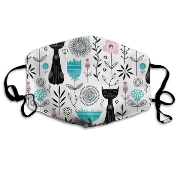 

Cute Black Cats And Flowers Washable Reusable Mask, Cotton Anti Dust Half Face Mouth Mask For Kids Teens Men Women With