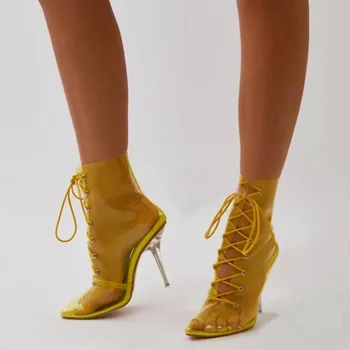 

Thin heel high-heeled shoes transparent PVC lace sexy pointed boots large size shoes size 44