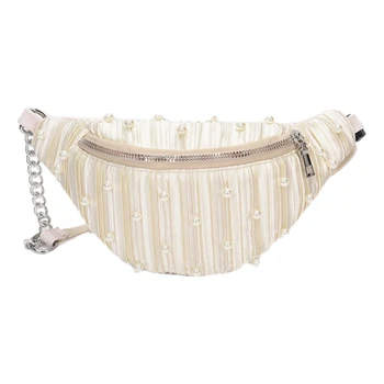 

Women's Waist Bag Fashion Pearl Chest Bag Fold Crossbody Bag Waist Bag White