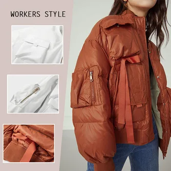 

FANSILANEN Casual workers pocket white down jacket Women ribbons short down parka winter coat Female thermal light puffer jacket
