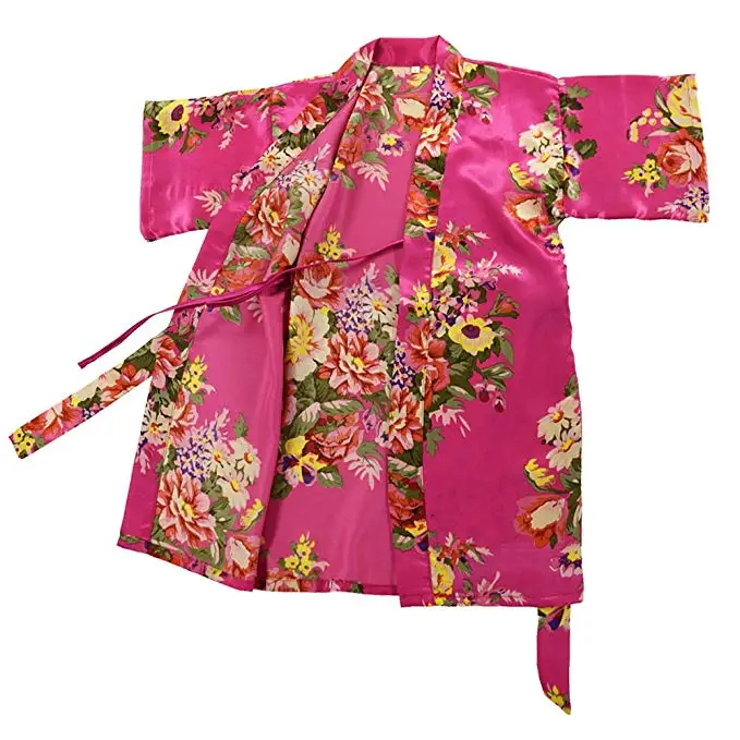 Детское атласное шелковое кимоно; одежда для сна и халаты; платье подружки невесты с цветочным рисунком для девочек; Бандажное платье с длинным рукавом; 6 цветов