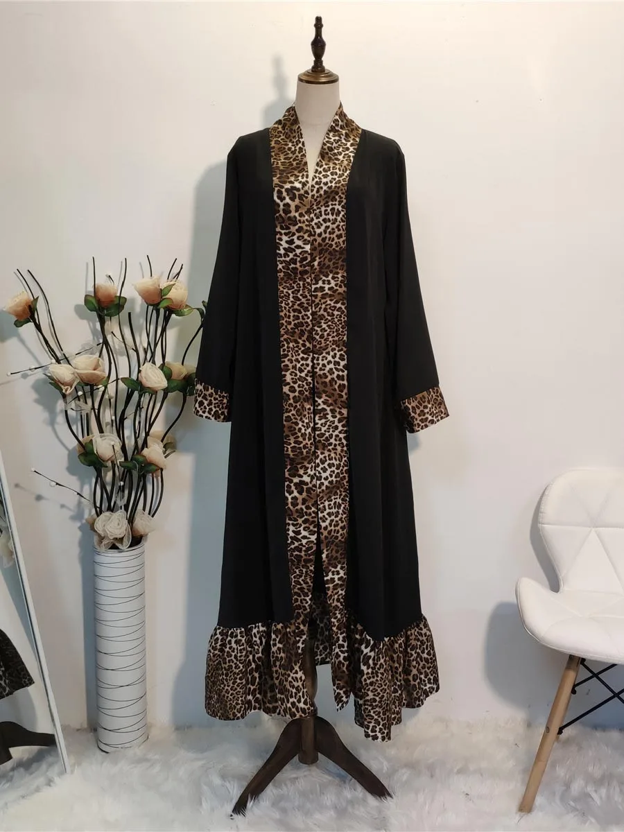 1819#Woman Robe Front Open Kimono Cardigan Leopard Print Dubai Abaya - CHAOMENG MUSLIM SHOP