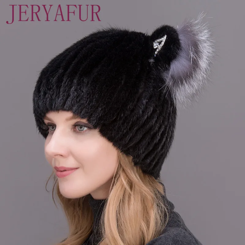JERYAFUR Winter Women's Mink Hat Vertical Weaving Hat Genuine Natural Fox Mink Fur Cap Lovely Cat Ears Style Hats 5