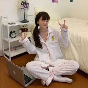 

Autumn and winter new women's Korean skin friendly cotton yarn loose casual pineapple embroidery home wear pajamas set