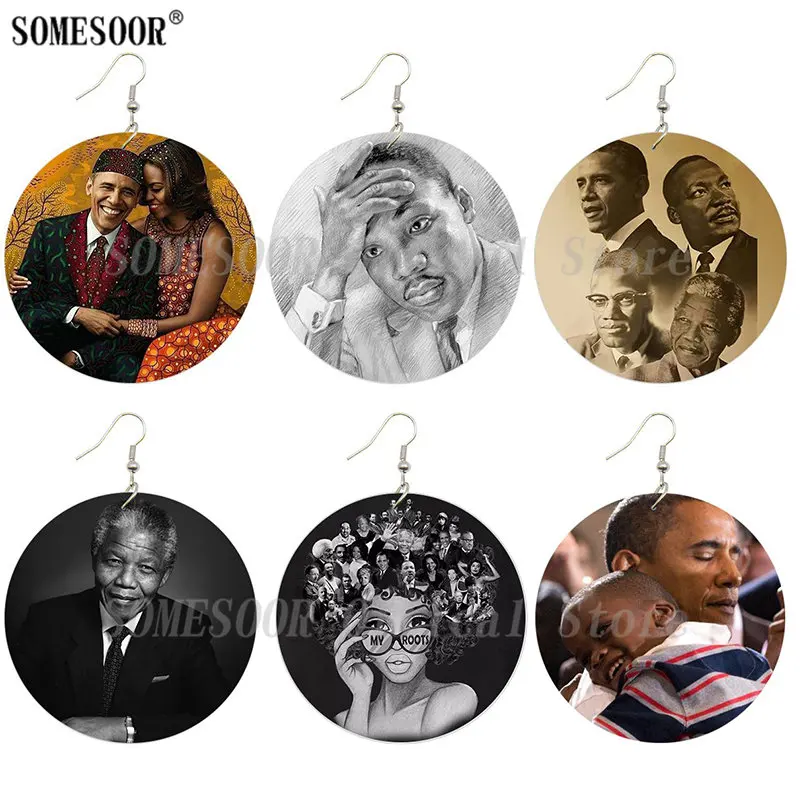 SOMESOOR Black History Heros афроамериканские деревянные серьги подвески Обама Манделы Мартин Лютер Кинг искусство