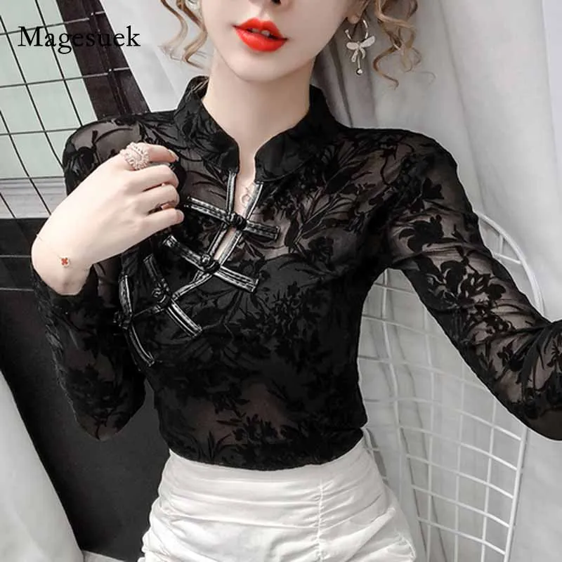 

Hollow Vintage Long Sleeve Blouse Women Mesh See Through Sexy Women's Shirts Autumn Women's Mesh Retro Lace Female Shirts 11010
