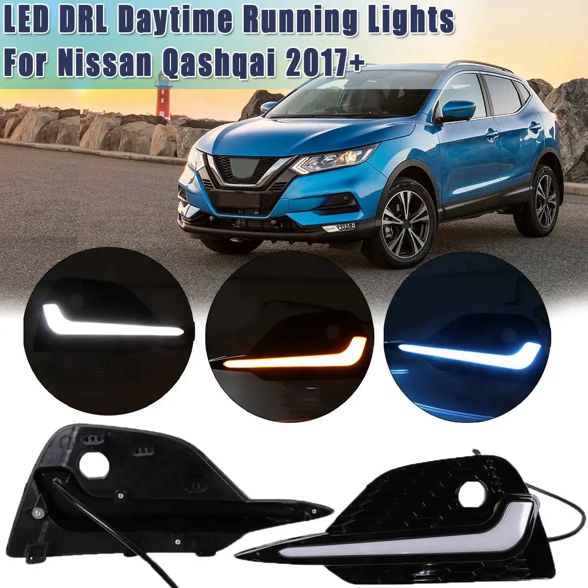 

2PCS LED Daytime Running Light For Nissan Qashqai 2017 2018 2019 2020 +Dynamic Turn Yellow Signal Car DRL 12V LED Fog Lamp