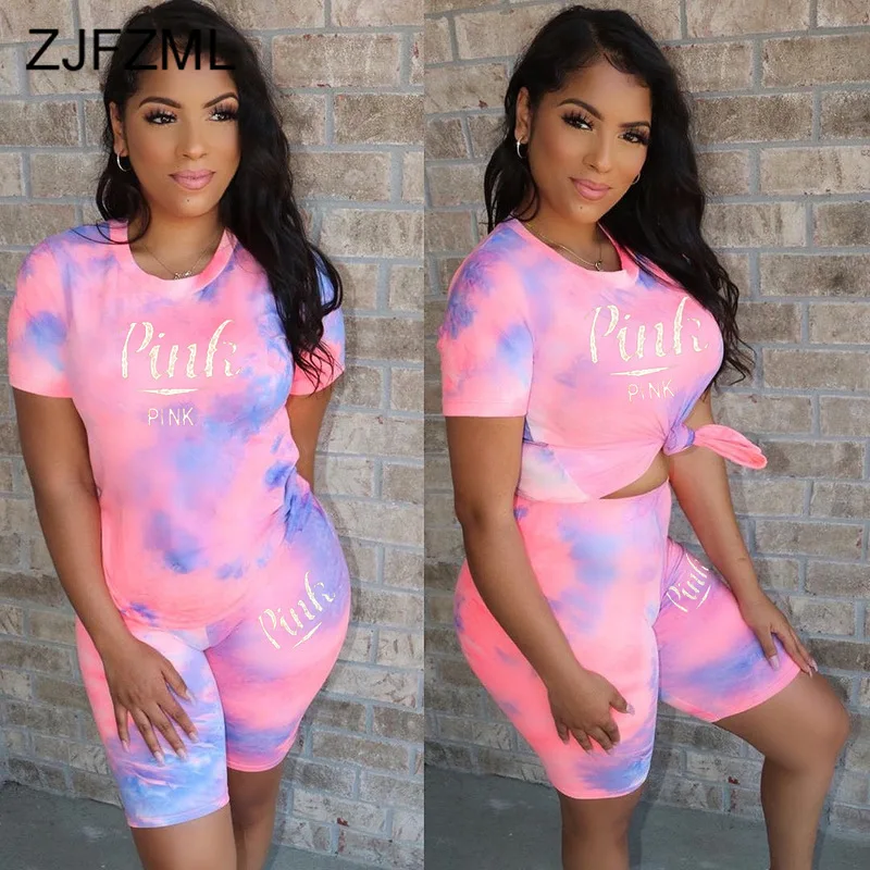 

Tie Dye Letter Print Two Piece Sweatsuit Women Clothes 2020 O Neck Short Sleeve Top And Fitness Short Plus Size 2 Piece Outfits
