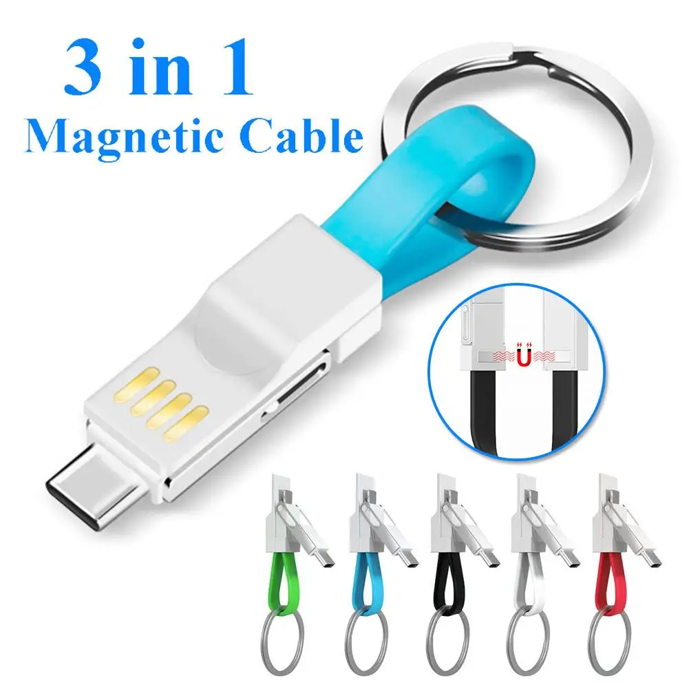 3 in 1 Magnetic Key Chain Micro USB Type-C Data Charge Cable For iPhone Android Magnetic Data Cable Key Rings Charging Keychains