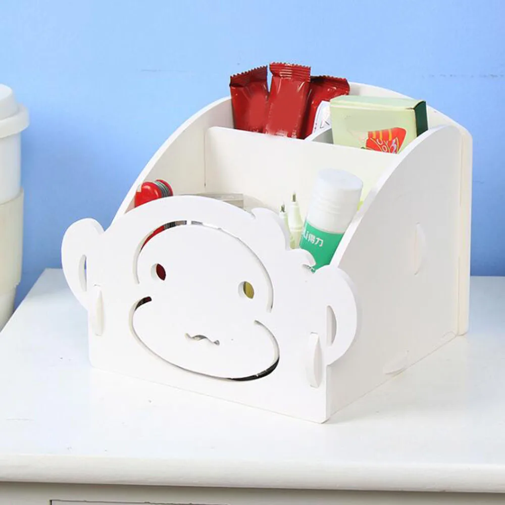 Monkey XRHYY настольная коробка деревянный Настольный Органайзер DIY мультфильм карандаш держатель канцелярские принадлежности для хранения 3 отсека съемная ручка чехол для телефона - Цвет: Monkey