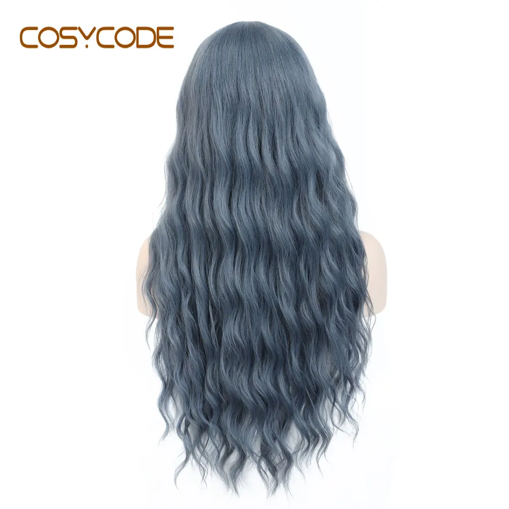 COSYCODE серый смешанный синий длинный волнистый парик 24 дюймов средняя часть натуральная волна кудрявый ни-кружева синтетический женский парик для костюма косплей