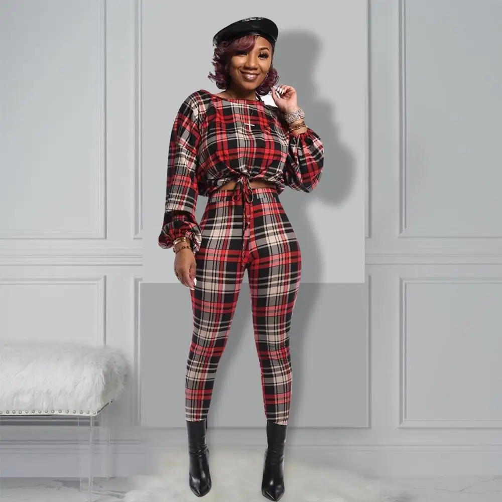

Spring New Red Plaid Fashion Matching Sets Plus Size 2020 Clothes Woman Two Piece Pants Set Sexy Holiday Outfits