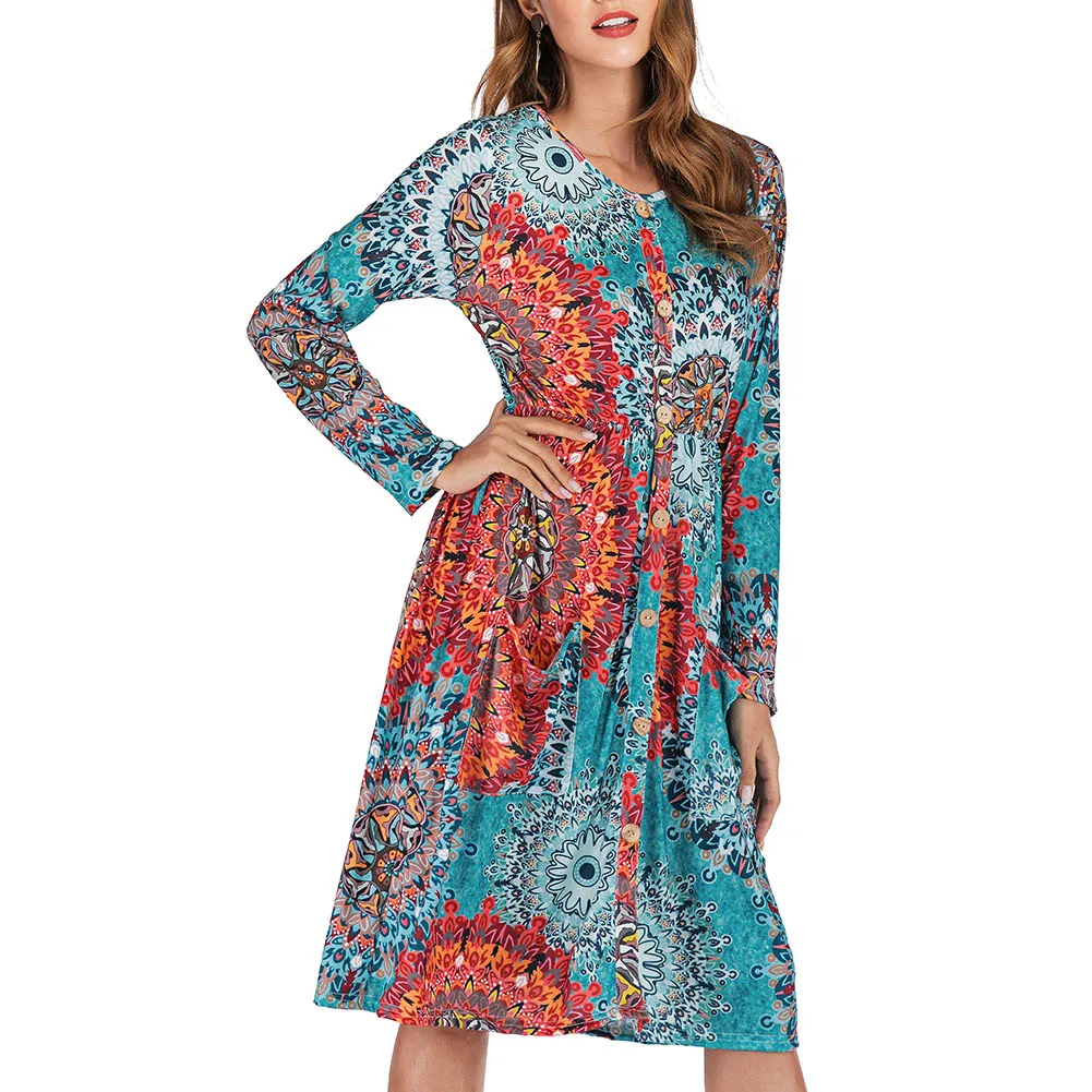 

2019 Autumn And Winter New Round Neck Pocket Print Button Long Sleeve Dress Lady