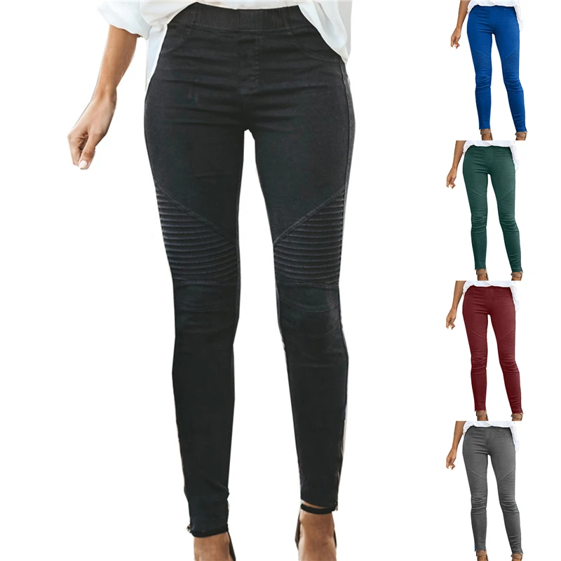 De moda vaqueros Skinny de algodón Stretch mujeres plisada Vintage pantalones lápiz locomotora de cintura alta pantalones de realce Mujer
