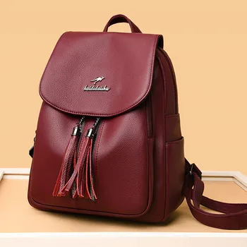 

Large Tassels Women Leather Backpack Vintage Luxury Design lady Travel Back Pack Preppy College Bagpack School for Girls Mochila