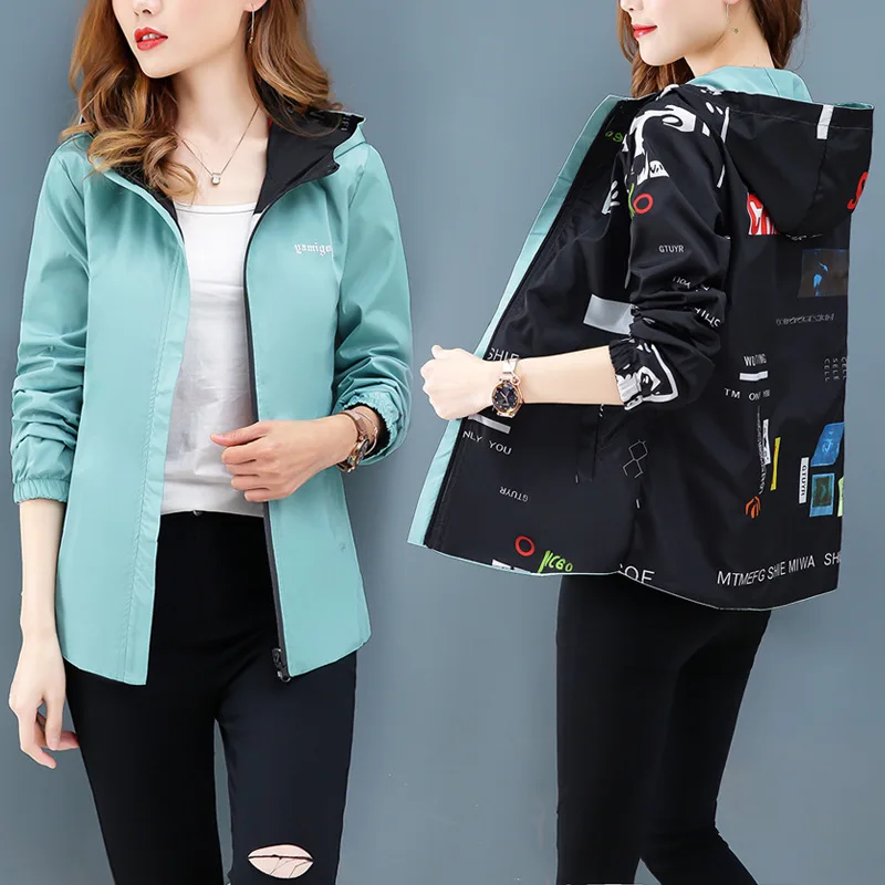

Figure Rong Casual Coat Women's Spring Fashion Printed Hooded Loose-Fit Double-sided Wear Jacket Tops Women's