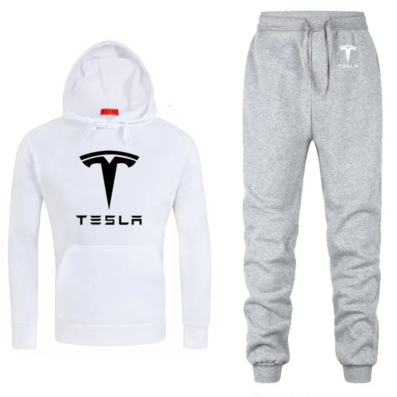 Толстовки мужские Tesla с логотипом автомобиля, унисекс, толстовка, модная мужская толстовка с капюшоном в стиле хип-хоп harajuku, повседневные флисовые толстовки, штаны, костюм из 2 предметов