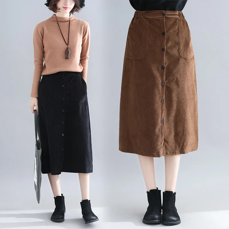 

Literature And Art Versatile Single Breasted Corduroy A- line Half-length Medium-length Dress