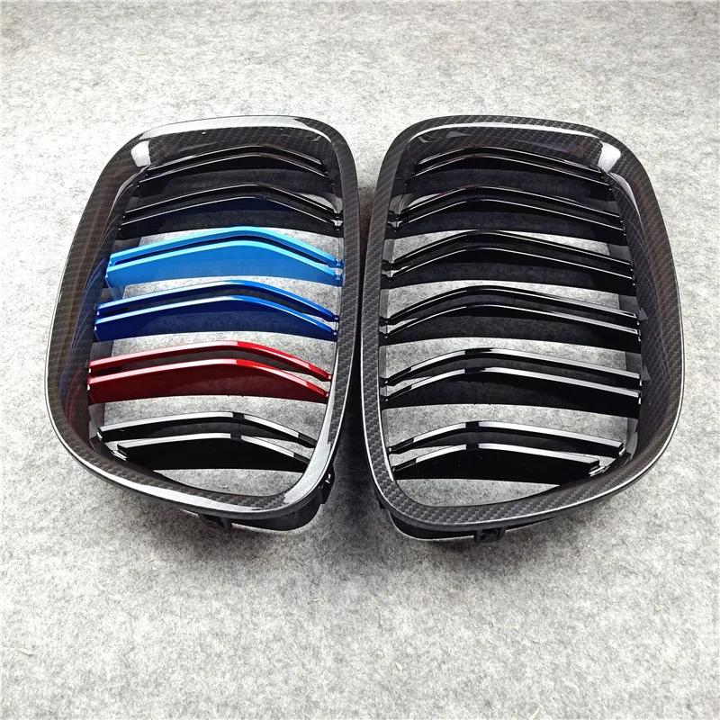

Right & Left Glossy black ABS Front Bumper Grille For 5 Series GT F07 2009-2016 Carbon Look 2-Line Kidney Mesh Grill Grille