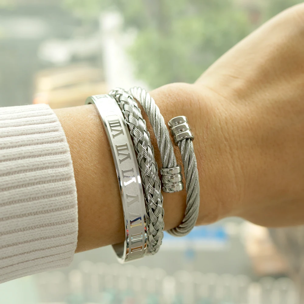 New Arrival Men Roman Bracelet 3PCS/Set Gold Colour Stainless Steel Twisted Wire Cuff Bracelet Bangle Women Jewelry
