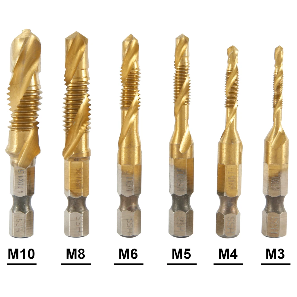 6pcs 1/4" M3-M10 Screw Tap Drill Bits HSS Countersink Coated Taps Hex Shank Thread Woodworking Drill Bits Hand Tools