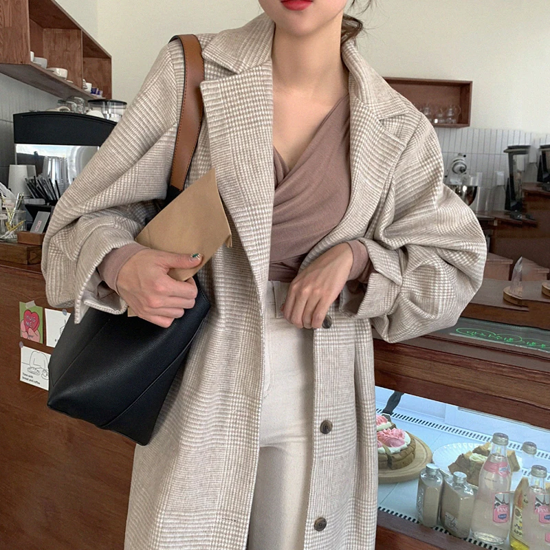 Корейское шикарное Новое модное зимнее Элегантное однобортное свободное клетчатое шерстяное пальто с отворотом и рукавом-фонариком размера плюс длинное женское пальто